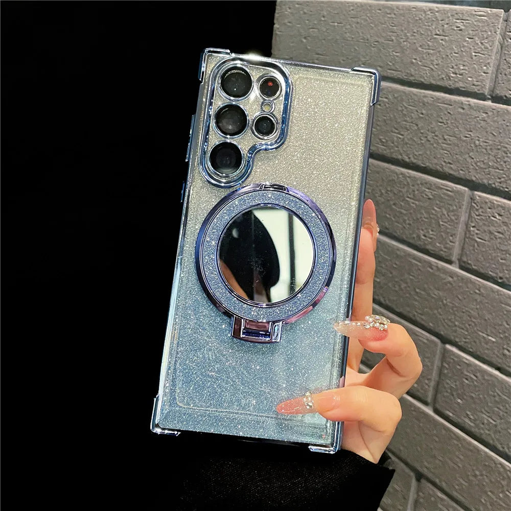 Ring Bracket Bling Glitter Mirror For Magsafe Case For Samsung S24 S23 S22 S21 S20 Note20 10 Plus Ultra FE Wireless Charge Cover
