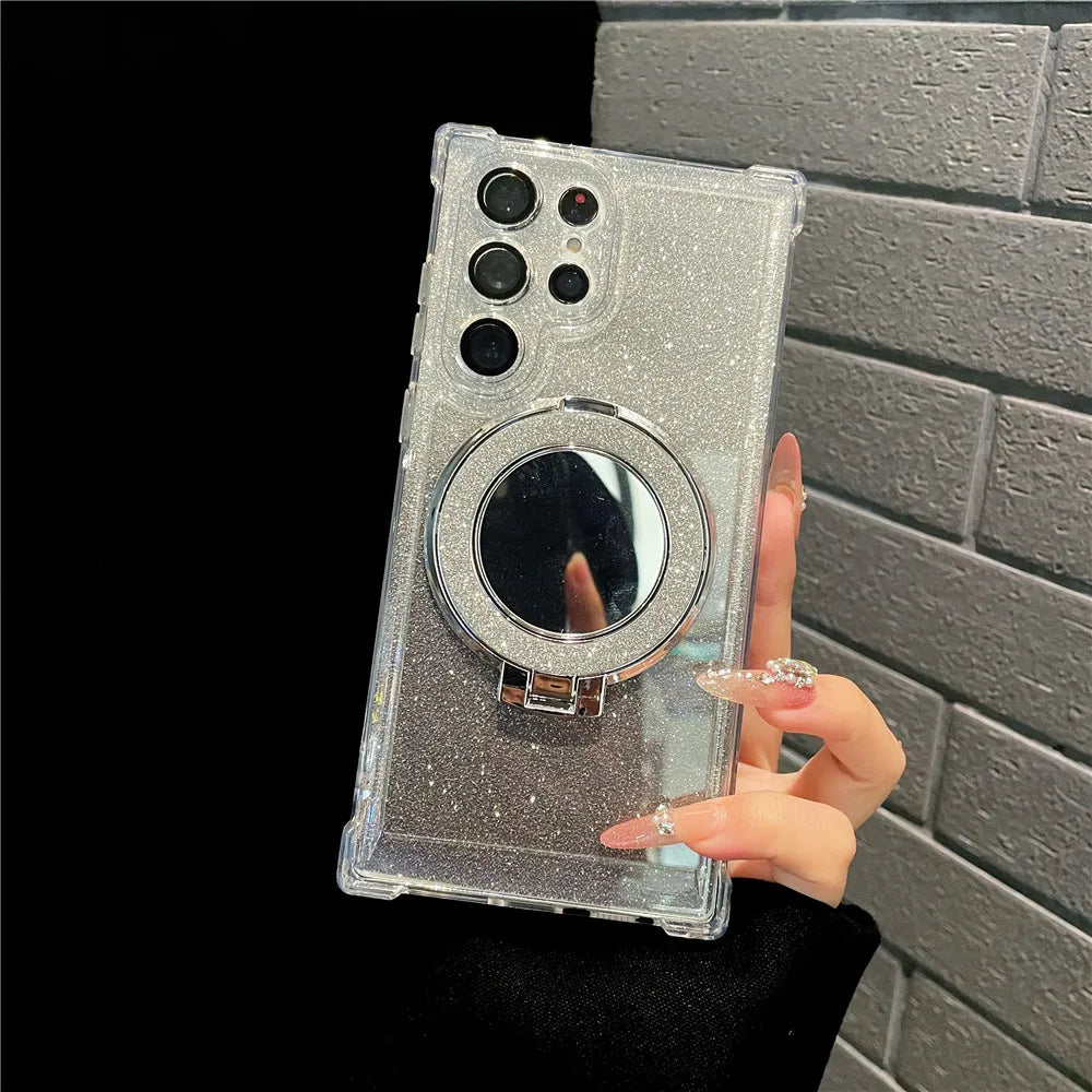 Ring Bracket Bling Glitter Mirror For Magsafe Case For Samsung S24 S23 S22 S21 S20 Note20 10 Plus Ultra FE Wireless Charge Cover