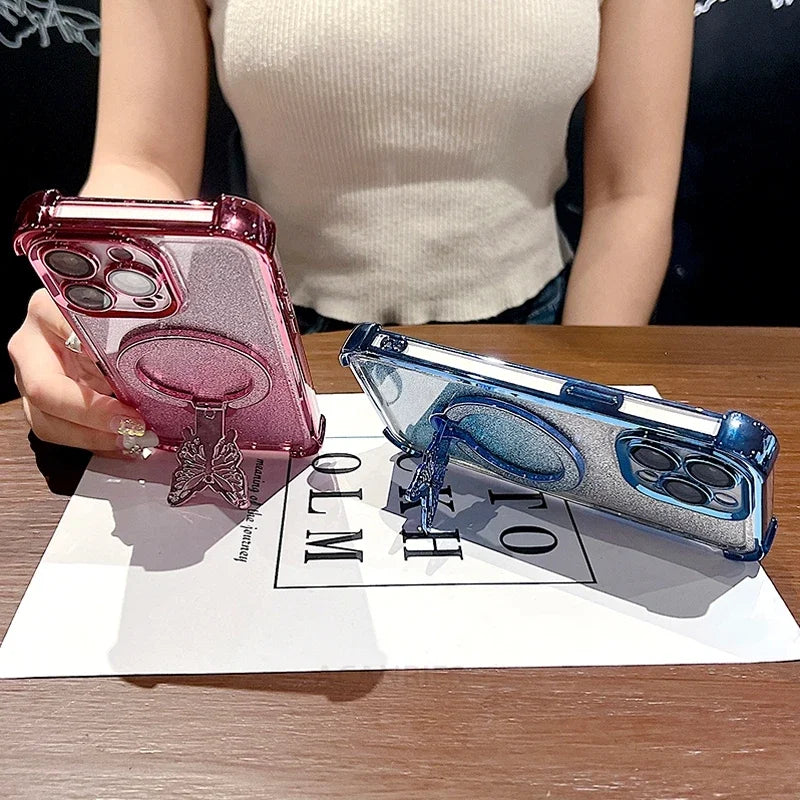A56 A36 A16 A26 Glitter Butterfly Holder Plating Silicone Case For Samsung Galaxy A55 A54 A53 A23 A14 A15 Shockproof Cover