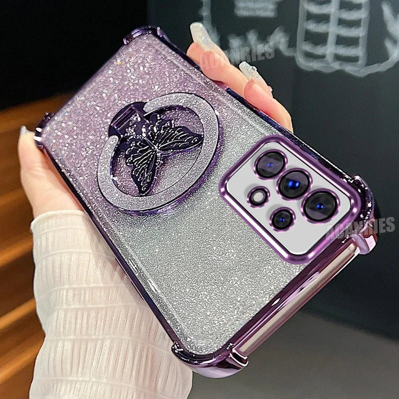 A56 A36 A16 A26 Glitter Butterfly Holder Plating Silicone Case For Samsung Galaxy A55 A54 A53 A23 A14 A15 Shockproof Cover