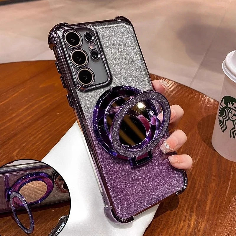 Fashion Shockproof Glitter Mirror Case For Samsung Galaxy S22 S23 S24 S25 Ultra Plus S23 S24 FE Bling Magnetic Stand Back Covers