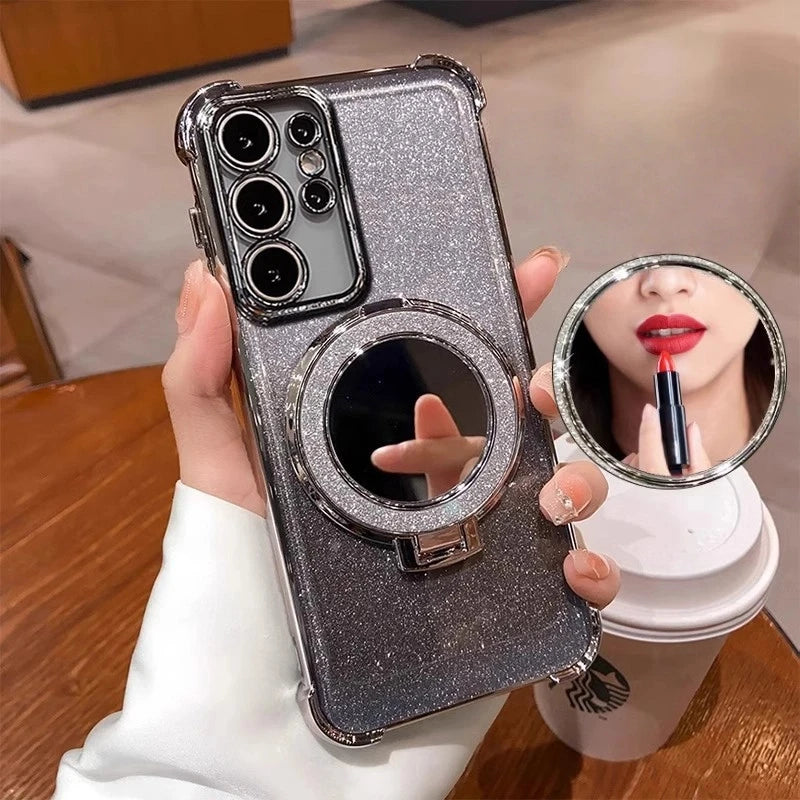 Fashion Shockproof Glitter Mirror Case For Samsung Galaxy S22 S23 S24 S25 Ultra Plus S23 S24 FE Bling Magnetic Stand Back Covers