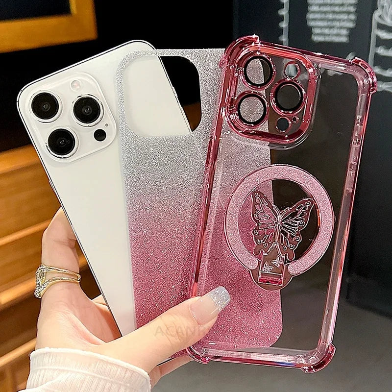 A56 A36 A16 A26 Glitter Butterfly Holder Plating Silicone Case For Samsung Galaxy A55 A54 A53 A23 A14 A15 Shockproof Cover
