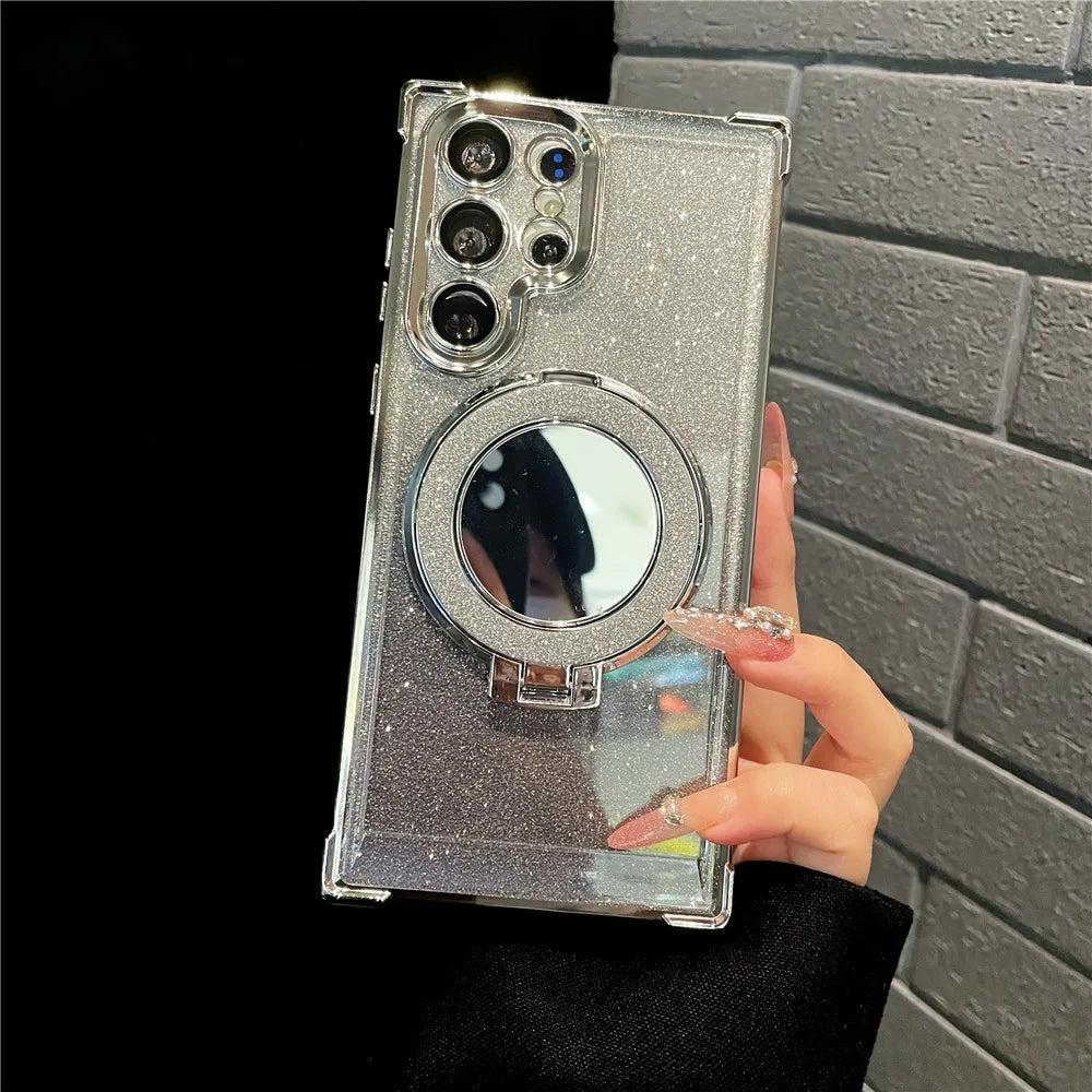 Ring Bracket Bling Glitter Mirror For Magsafe Case For Samsung S24 S23 S22 S21 S20 Note20 10 Plus Ultra FE Wireless Charge Cover