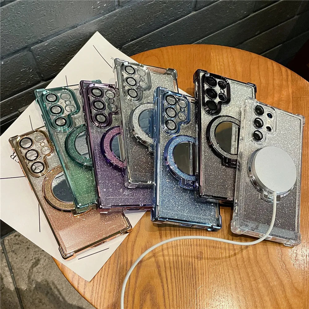 Ring Bracket Bling Glitter Mirror For Magsafe Case For Samsung S24 S23 S22 S21 S20 Note20 10 Plus Ultra FE Wireless Charge Cover