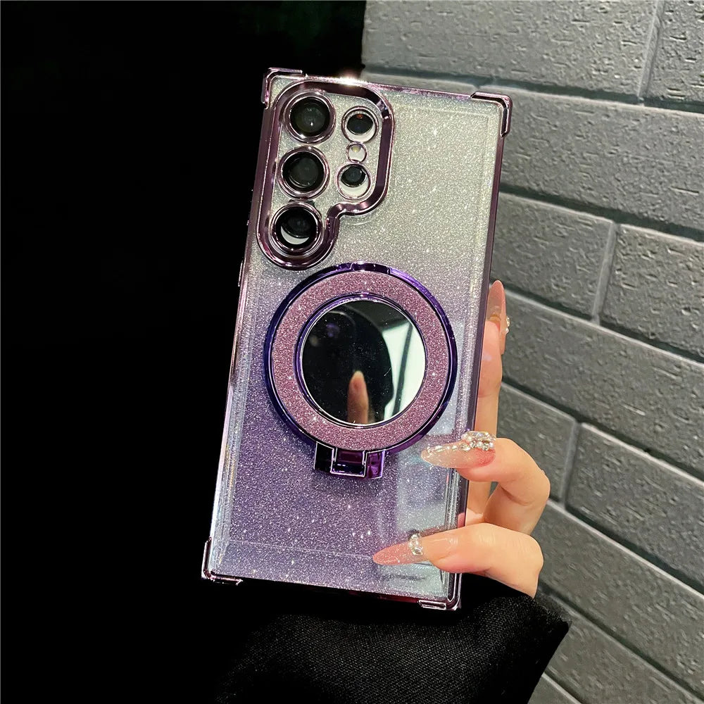Ring Bracket Bling Glitter Mirror For Magsafe Case For Samsung S24 S23 S22 S21 S20 Note20 10 Plus Ultra FE Wireless Charge Cover