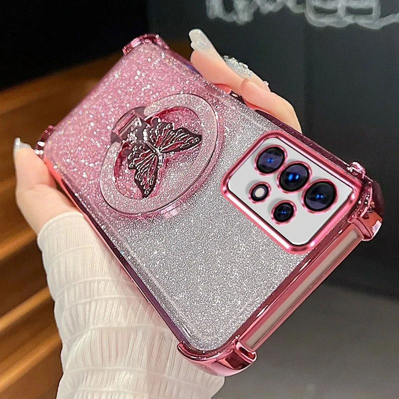 A56 A36 A16 A26 Glitter Butterfly Holder Plating Silicone Case For Samsung Galaxy A55 A54 A53 A23 A14 A15 Shockproof Cover