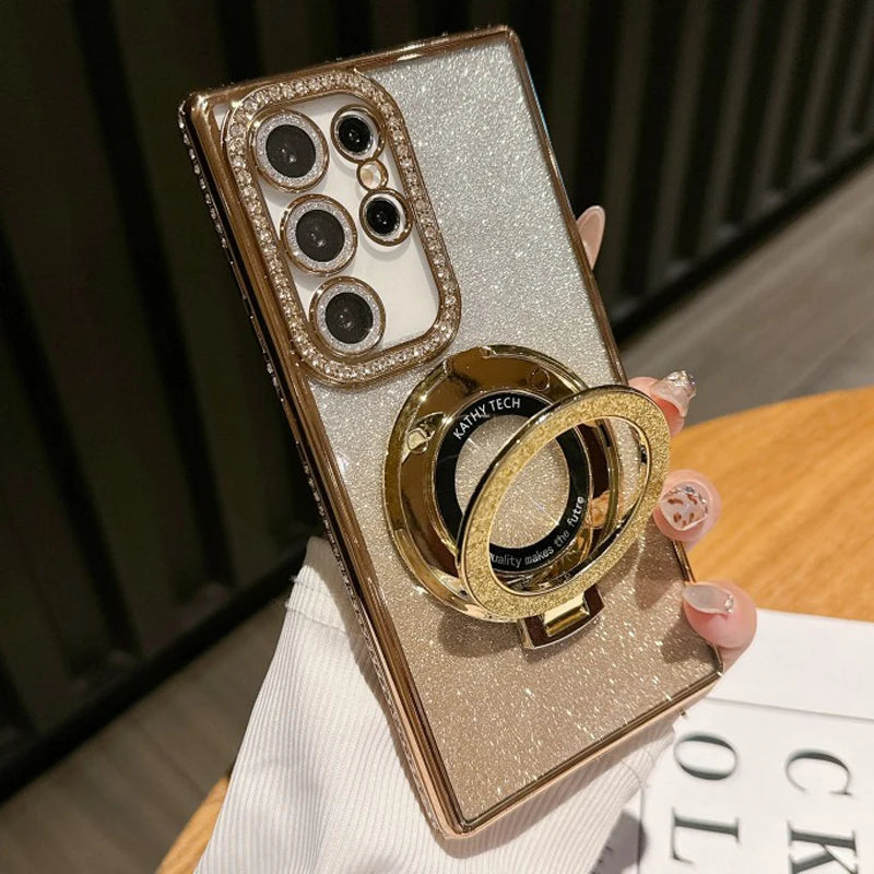 Magnetic Wireless Charge Stand Shockproof  Case For Samsung Galaxy S25 S24 S23 S22 Ultra Plus S24 FE Glitter Diamond Back Cover