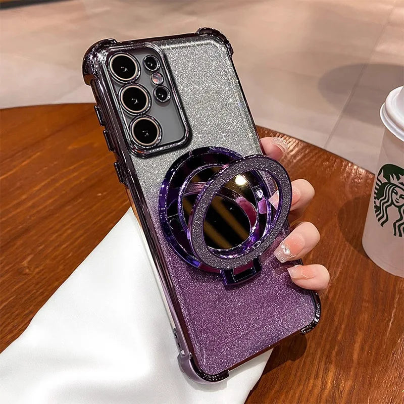 Fashion Shockproof Glitter Mirror Case For Samsung Galaxy S22 S23 S24 S25 Ultra Plus S23 S24 FE Bling Magnetic Stand Back Covers