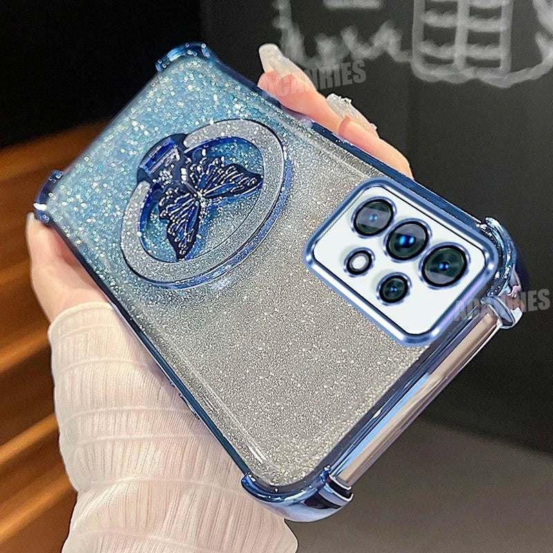 A56 A36 A16 A26 Glitter Butterfly Holder Plating Silicone Case For Samsung Galaxy A55 A54 A53 A23 A14 A15 Shockproof Cover