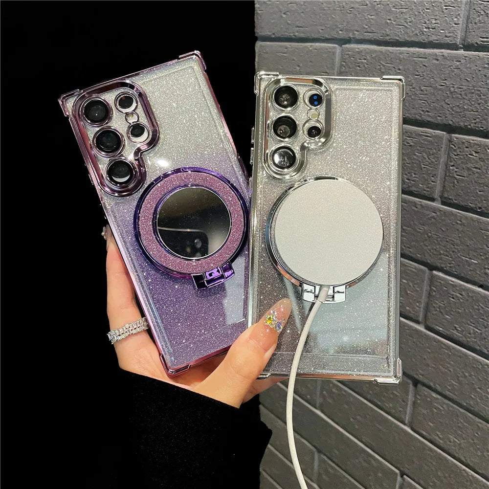 Ring Bracket Bling Glitter Mirror For Magsafe Case For Samsung S24 S23 S22 S21 S20 Note20 10 Plus Ultra FE Wireless Charge Cover