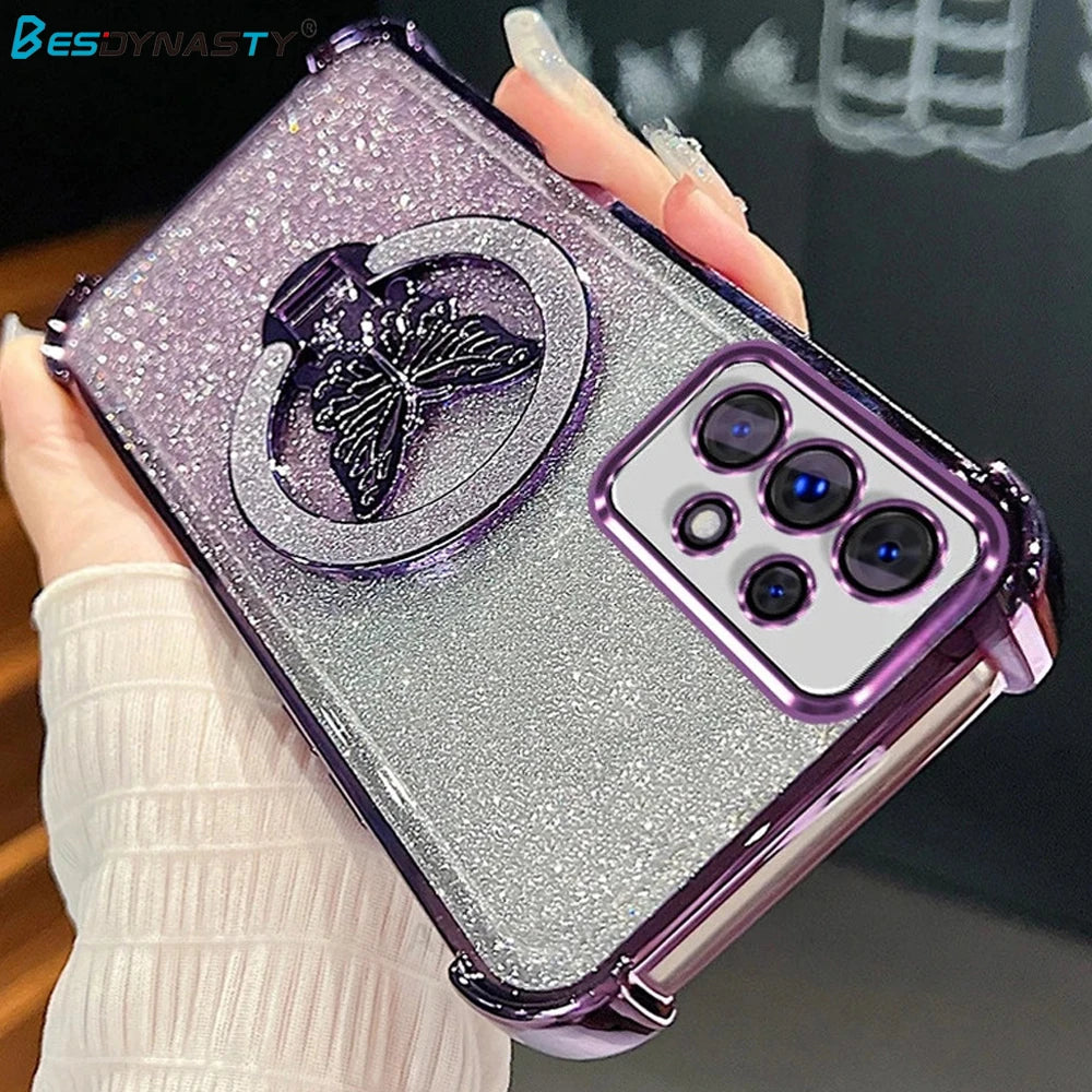 A56 A36 A16 A26 Glitter Butterfly Holder Plating Silicone Case For Samsung Galaxy A55 A54 A53 A23 A14 A15 Shockproof Cover