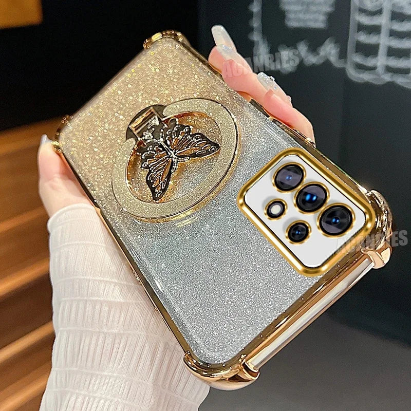 A56 A36 A16 A26 Glitter Butterfly Holder Plating Silicone Case For Samsung Galaxy A55 A54 A53 A23 A14 A15 Shockproof Cover