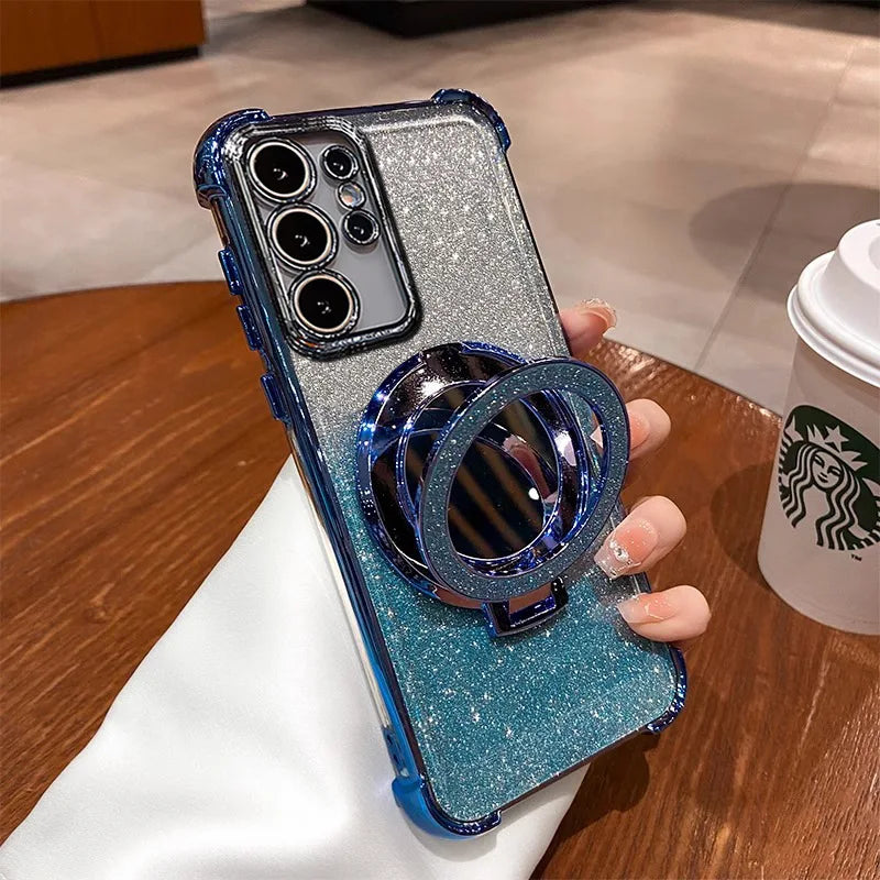 Fashion Shockproof Glitter Mirror Case For Samsung Galaxy S22 S23 S24 S25 Ultra Plus S23 S24 FE Bling Magnetic Stand Back Covers