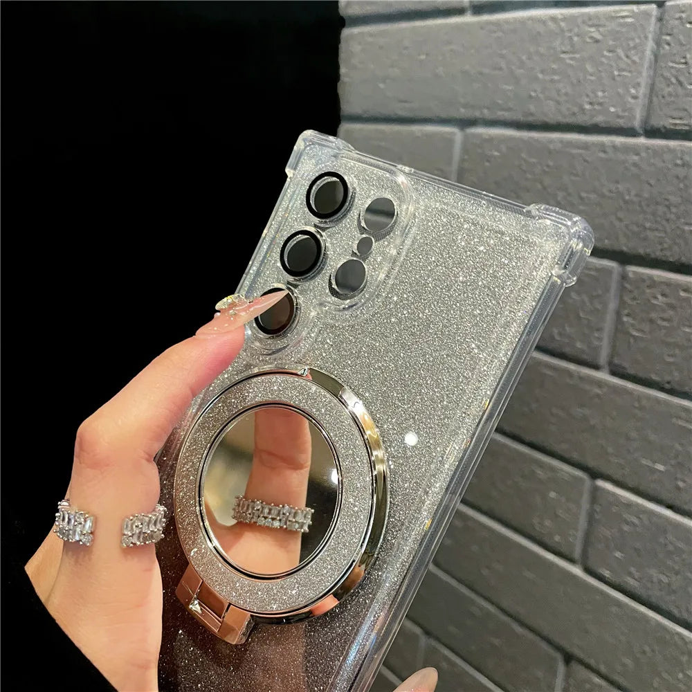 Ring Bracket Bling Glitter Mirror For Magsafe Case For Samsung S24 S23 S22 S21 S20 Note20 10 Plus Ultra FE Wireless Charge Cover
