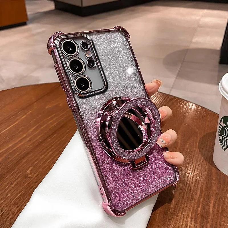 Fashion Shockproof Glitter Mirror Case For Samsung Galaxy S22 S23 S24 S25 Ultra Plus S23 S24 FE Bling Magnetic Stand Back Covers
