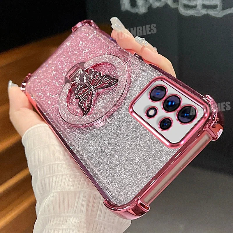 A56 A36 A16 A26 Glitter Butterfly Holder Plating Silicone Case For Samsung Galaxy A55 A54 A53 A23 A14 A15 Shockproof Cover