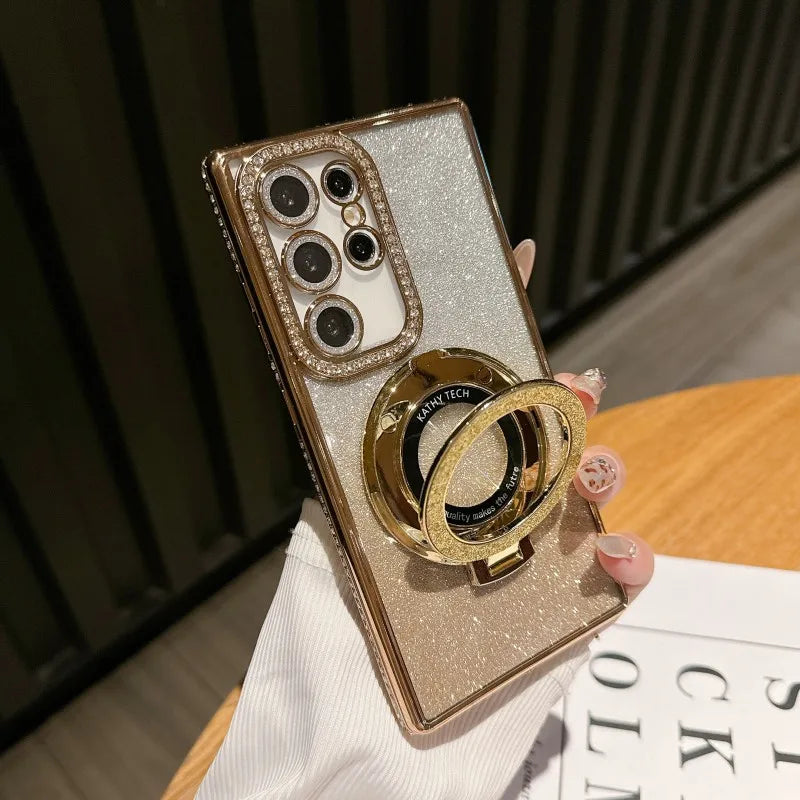 Magnetic Wireless Charge Stand Shockproof  Case For Samsung Galaxy S25 S24 S23 S22 Ultra Plus S24 FE Glitter Diamond Back Cover