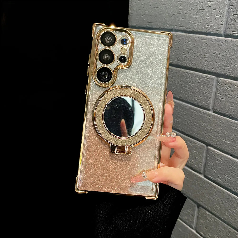 Ring Bracket Bling Glitter Mirror For Magsafe Case For Samsung S24 S23 S22 S21 S20 Note20 10 Plus Ultra FE Wireless Charge Cover