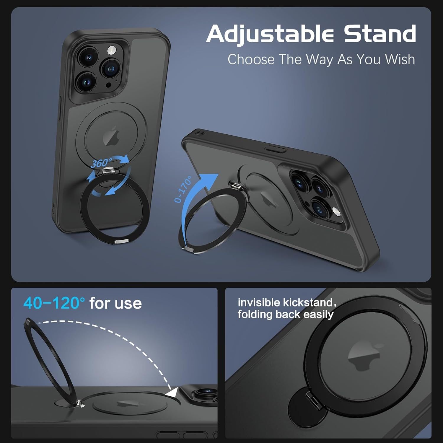 3in 1 for iPhone 16 Pro Max Case with 2X Screen Protector, Magnetic Case for iPhone 16 Pro Max with 360° Rotatable Stand [Compatible with magnetic], Translucent Matte Protection Shockproof Protective Cover for iPhone 16 Pro